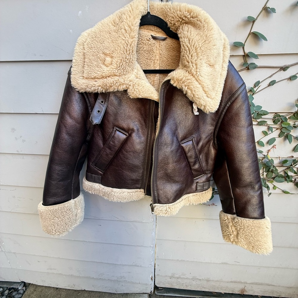 Brown Faux Leather Drop Shoulder Jacket with Cream Shearling - Picture 2 of 6